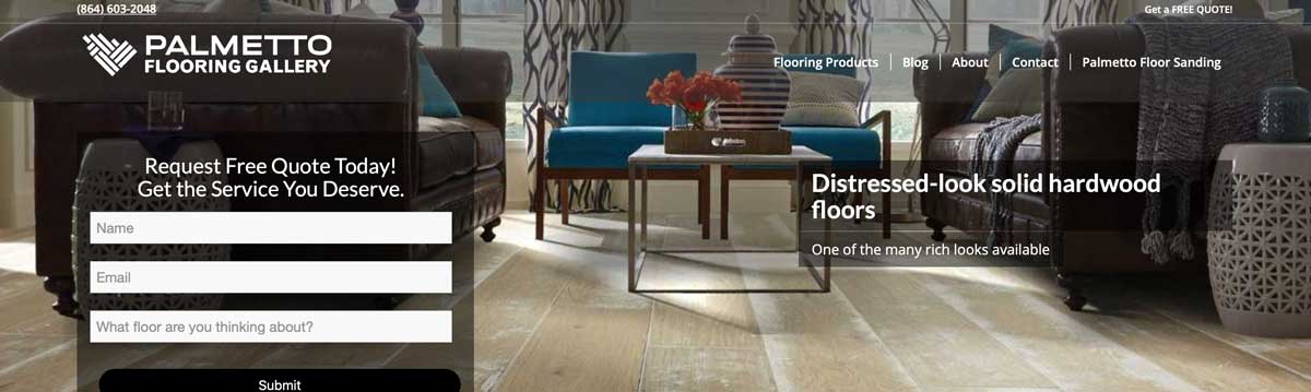 Screenshot of the homepage for Palmetto Flooring Gallery